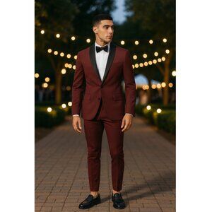 NWOT ASOS Mens Skinny Tuxedo Suit | Burgundy | 34R | 28x32 | HOCO Prom Formal